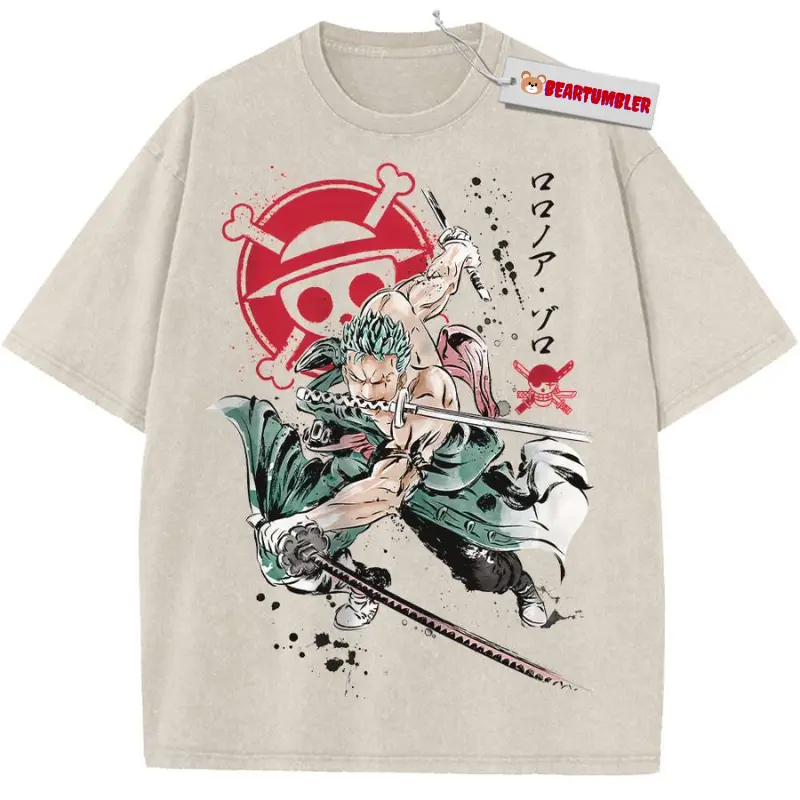 Zoro Three Sword T-Shirt, OP Anime Graphic, Retro Japanese Manga Apparel, Anime Shirt, Vintage T-Shirt, Edgy Pirate Otaku Fashion, Unisex Cotton Crewneck T-Shirt Menswear Womenswear Streetwear Top