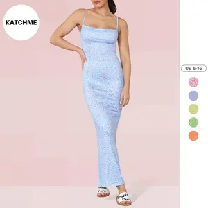 KatchMe Women's Sweet Floral Print Low Back Thin Straps Slinky Dress,Slim-Fitting Sleeveless Womenswear,Backless Ladies Spaghetti Straps Maxi Dresses