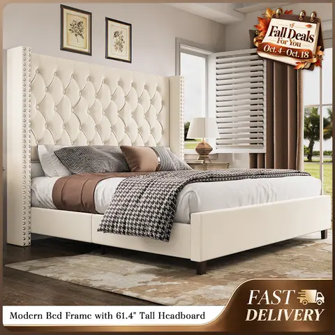 AMERLIFE 61.4" Tall Bed Frame, Modern Upholstered Bed, Wingback Headboard, Velvet Tufted Handcrafted Pleat Deep Button/Comfort Luxury Design/Interior Wood Slats/No Box Spring Needed, Queen/King Size/Christmas Gifts[TikTokShopFallDealsForYou]