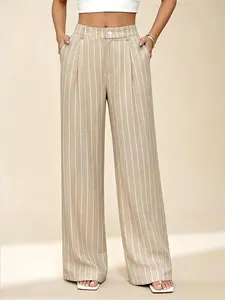A casual and fashionable khaki striped wide leg pants for women, Casual Fashion Comfy, with a high waist and loose fit that looks slimming and covers the sagging sensation. Suitable for all seasons, suitable for home, indoor, and outdoor wear