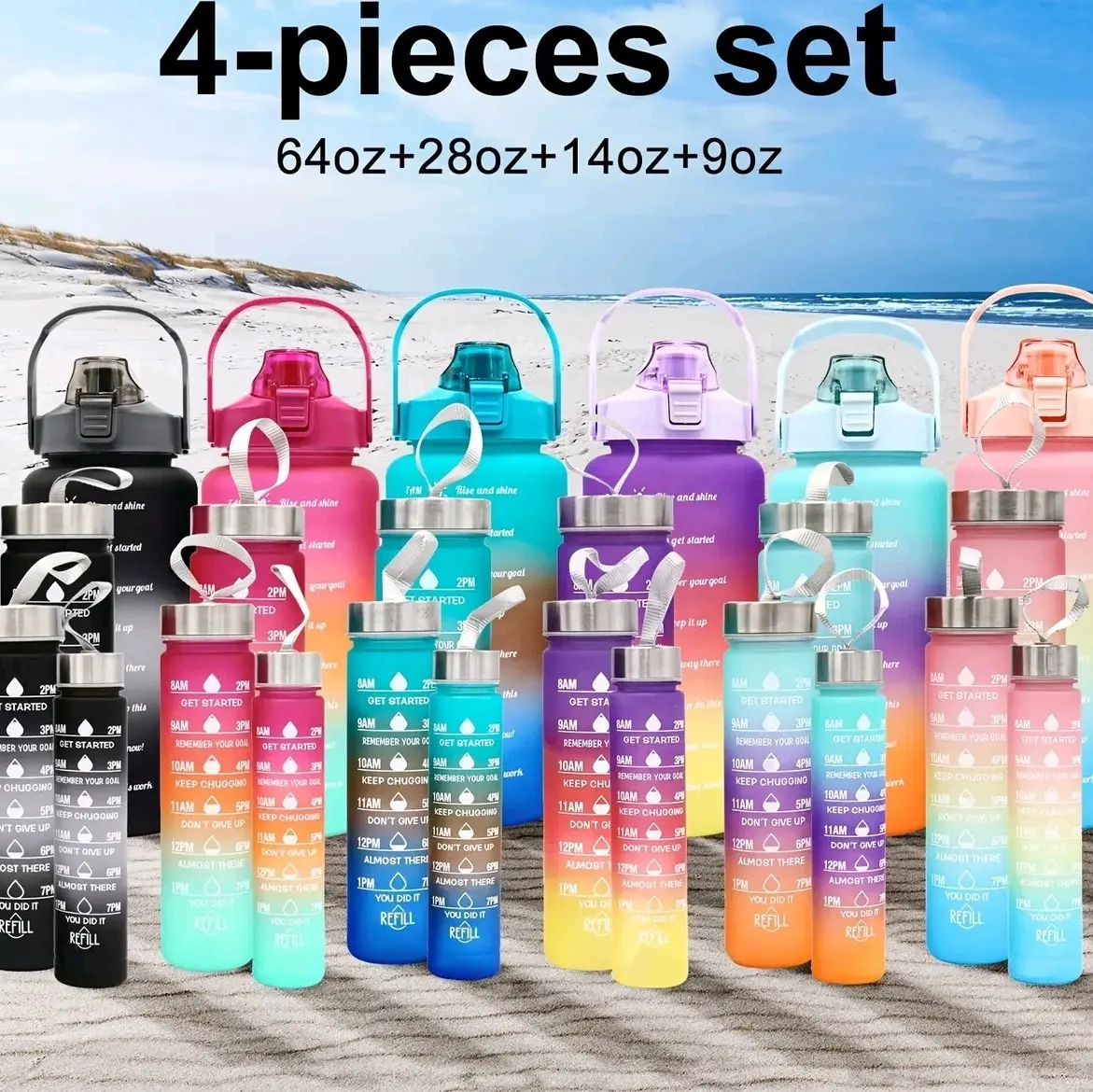 4-piece Inspirational Water Bottle Set with Large Capacity, Leak Proof, Non-Toxic, and Straw Cup - Perfect for Home, Camping, and Outdoor Sports