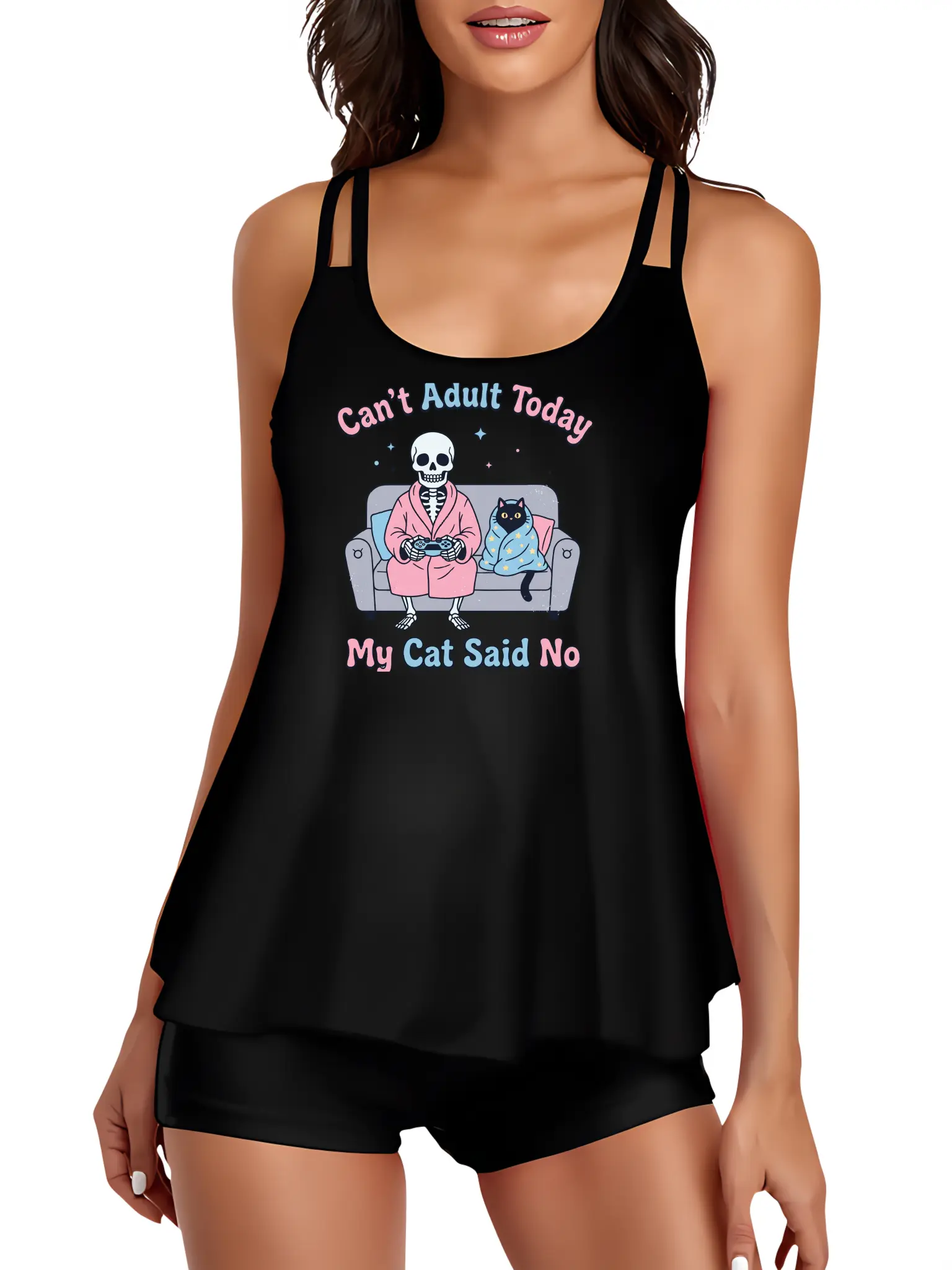 Women's Double Strap Bikini Set "Can't Adult Today" Funny Cat Graphic Two Piece Swimsuit Lazy Day Aesthetic Loungewear Summer Vacation