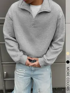 Men's Light Gray Half-Zip Sweatshirt, Casual Streetwear with Ribbed Cuffs Top, for Urban Fashion