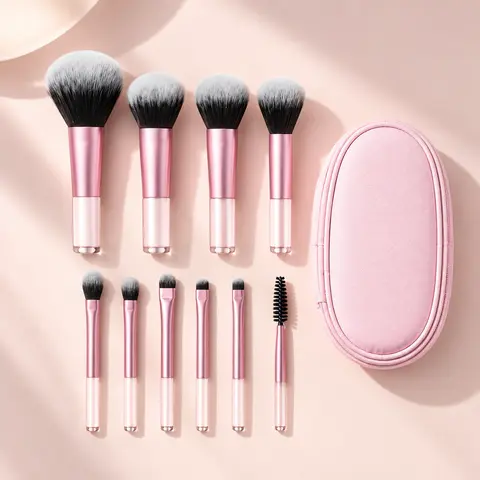 10pcs Beginner Makeup Brush Set, Mini Travel Size Portable Beauty Brushes for Face & Eye Makeup, Soft Bristle Cosmetic Tools for Foundation, Powder, Blush, Eyeshadow & Concealer, Perfect Daily Makeup Kit