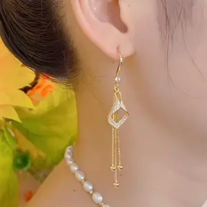 Elegant 14K Golden-Plated Rhinestone Tassel Earrings, Zinc Alloy Long Dangle Earrings with Synthetic Diamonds, Copper Ear Needle, for Women, Suitable for Ages 14+ Sparkling Zirconia
