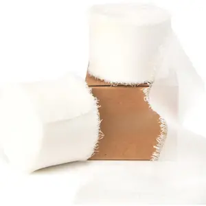 White Chiffon Ribbon 1-1/2 inch x 20 Yard Handmade Fringe Chiffon Silk Ribbon, White Ribbon for Wedding Invitations, Bridal Bouquets Wrapping, Flower Arrangement Decoration