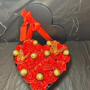 Handmade gift Luxury Handmade Eternal Ribbon Roses Heart Box with Chocolates - Red Roses with Gold Accents, Red Bow, and Decorative Elements, Gift for Valentine’s Day, Anniversary, Birthday, Mother’s Day , Forever Bouquet