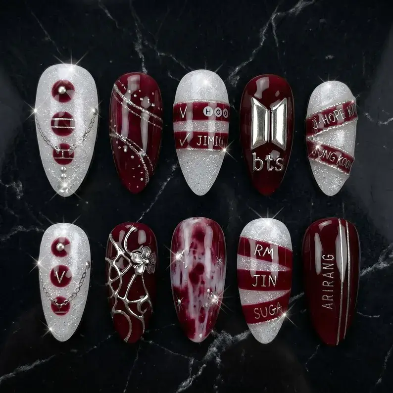 Luxury Red BTS Press-On False Nails, Silver Chain Kpop Nail Art, 3D Acrylic Hand-Painted Set, Elegant Army Merch Manicure Accessories