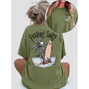 Women's Plus Size Casual Loose Fit Round Neck Short Sleeve T-Shirt - "FEELING SALTY" Surf Skeleton Graphic Print, High Stretch Machine Washable Summer Beachwear Top, Beach Vacation Outfit, Laidback Fashion, Breathable Tee, Statement Tee, Beach Lovers