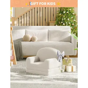 2-in-1 Convertible Kids Sofa Couch, Soft Sherpa & Fleece Fold Out Toddler Lounger Bed, Comfortable Children Furniture for Playroom Nursery, Ideal Gift for Boys Girls, Gray Green Moon Available