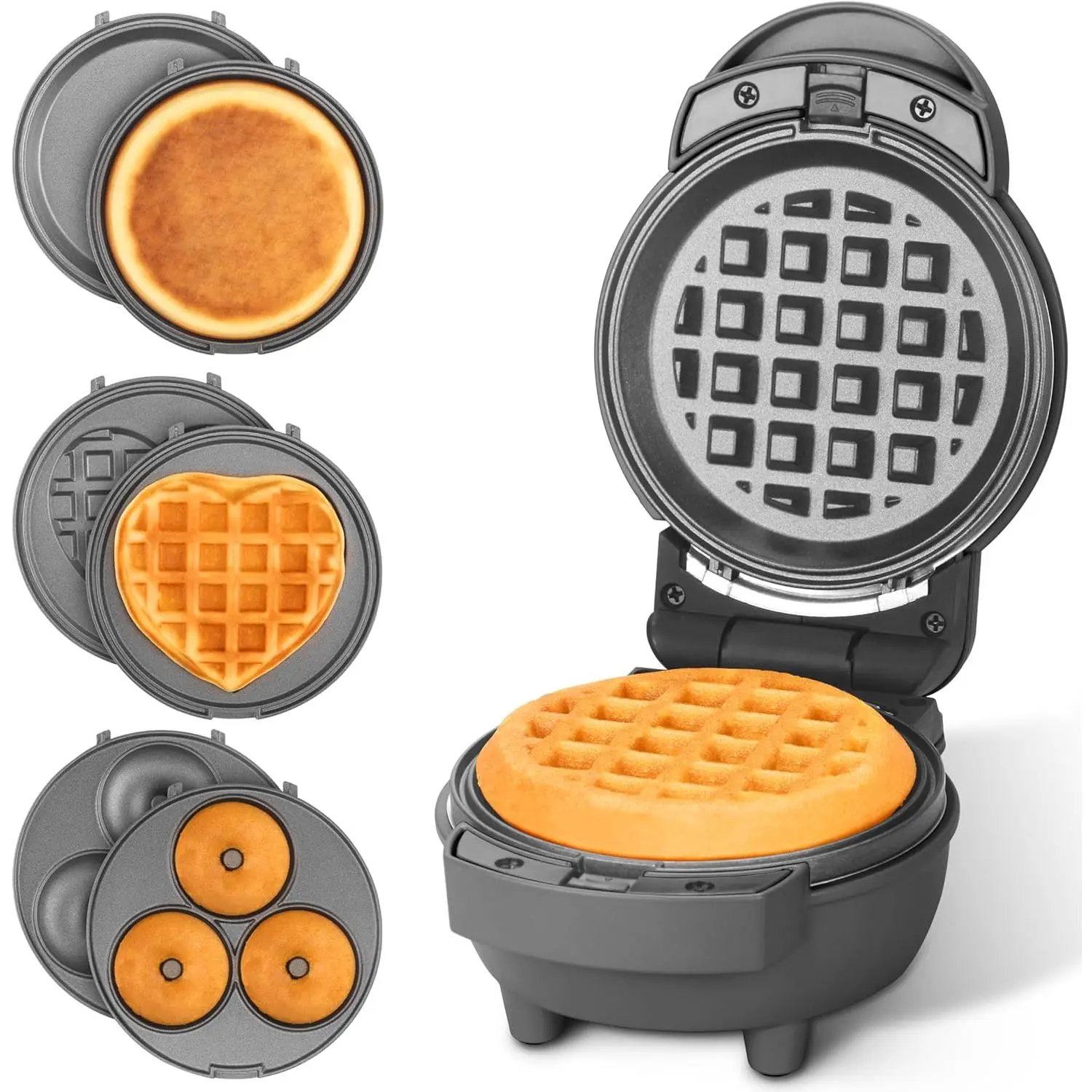 4-in-1 Multi-Functional Compact Waffle Maker with Removable Washable Plates, Assorted Baking Inserts (Pancake, Donut, Heart Shape), Included Recipe, Graphite Finish - Lightweight Portable Kitchenware Tool for Single Portions, First Apartment
