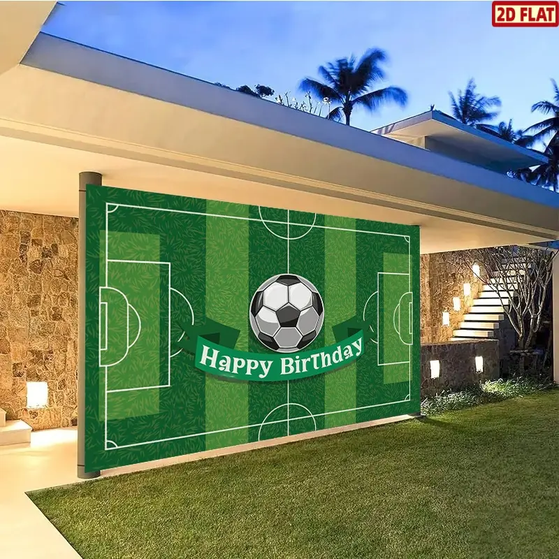 2D Flat Banner, 1pc Football Field Theme Party Banner-Soccer Field Grass Backdrop Party Background Decoration Suitable for Birthday Parties, Sports Events, Decorations-Polyester with Turf & Lines