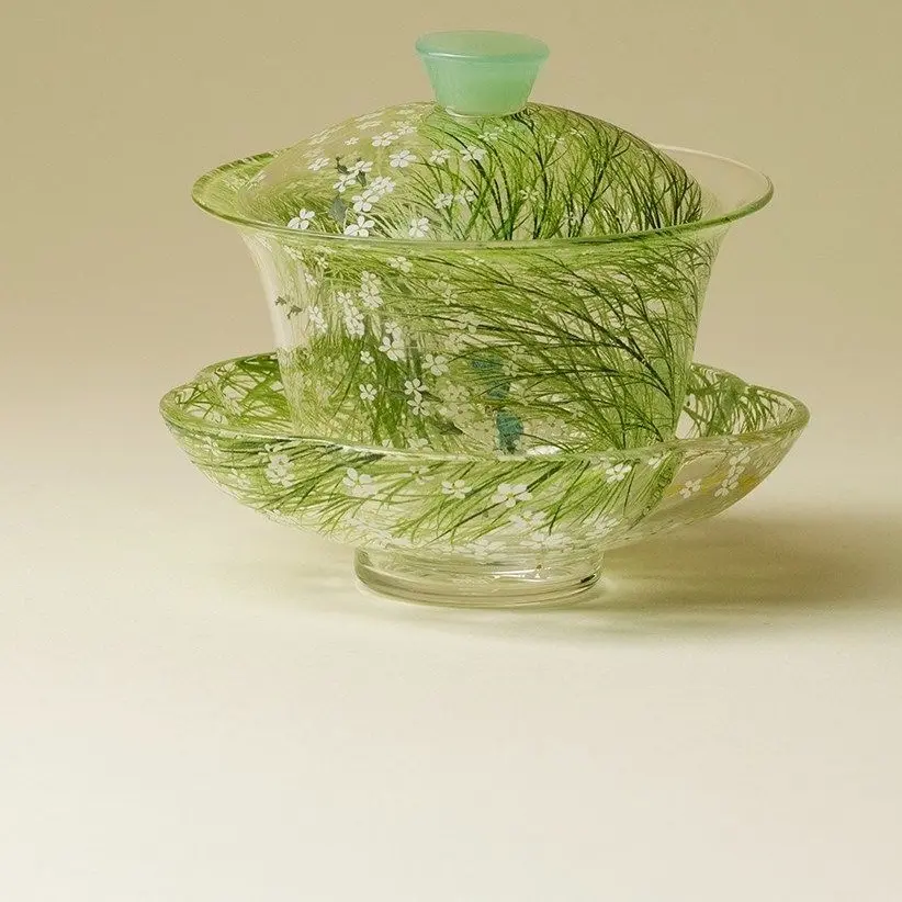 21Lizuo Qianye Hand-Painted Glass Gaiwan, High Borosilicate Heat Resistant 95ml Transparent Tea Bowl Kung Fu Tea Set