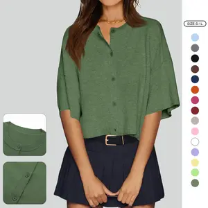 Imily Bela Womens Half Sleeve Cardigan Sweaters Cropped Button Down Tops Oversized Lightweight Ribbed Knit Summer Outfits