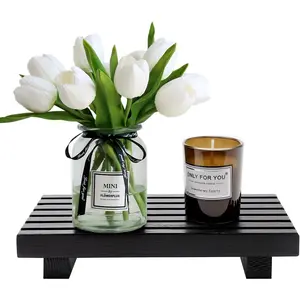 Black Wooden Small Bathroom Counter Organizer Tray Decorative Display Pedestal Stand Soap Tray Risers for Kitchen Bathroom Sink Vanity Accessories Dish Soap Holder Bathroom Decor