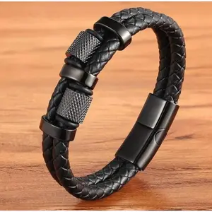 Men's Leather Braided Bracelet Titanium Steel Bangle Multilayer Braided Wristband Boho Style Magnetic Closure Valentine's Day Gift for him