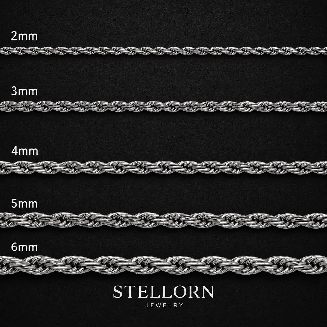 2–6mm Rope Chain Necklace, Stainless Steel Men’s Chain