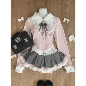 Spring Y2K Princess Outfits Women 2 Piece Sets Sweet Kawaii Bow Tops + Lace Pleated Skirt Female Retro Chic Preppy Style Clothes