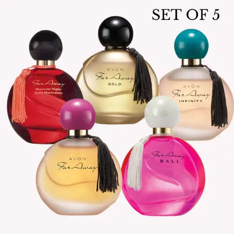 Far Away EDP 1.7 FL. oz. Set, Original, Bali, Gold, Morrocan & Infinity. Set of 5