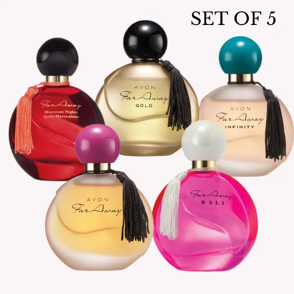 Far Away EDP 1.7 FL. oz. Set, Original, Bali, Gold, Morrocan & Infinity. Set of 5