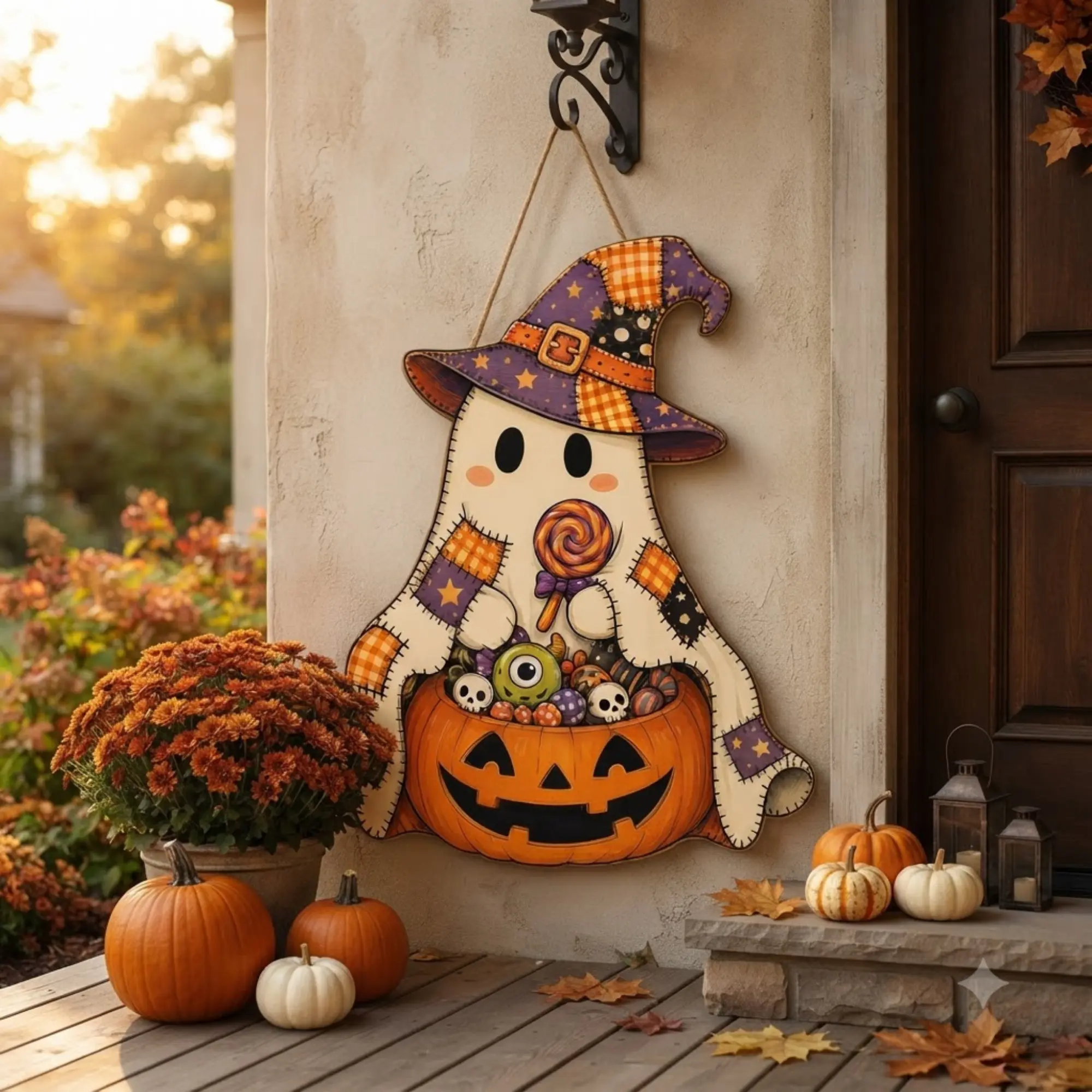 Halloween Patchwork Ghost Wooden Door Hanger, Pumpkin Candy Basket Decor, Cute Spooky Fall Porch Sign, Seasonal Home Gift