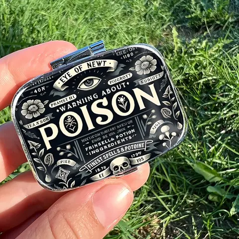 Vintage Gothic Poison Skull Eye Pill Case with Mirror, Double Compartment Portable Durable Pill Organizer, Supplement Organizer, Decorative Travel Pill Box for Purse