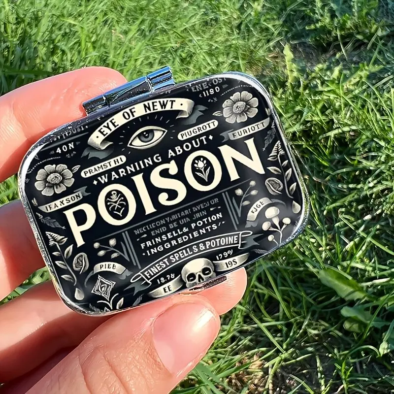 Vintage Gothic Poison Skull Eye Pill Case with Mirror, Double Compartment Portable Durable Pill Organizer, Supplement Organizer, Decorative Travel Pill Box for Purse