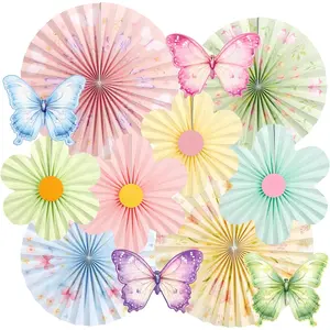 Pastel Paper Fan Party Decoration for Garden, Spring Floral Decor for Wall Hanging, Fairy Birthday Garland Backdrop for Tea Party Baby Shower
