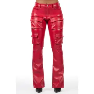 Caressia Red PU Cargo Stacked Flare Pant
