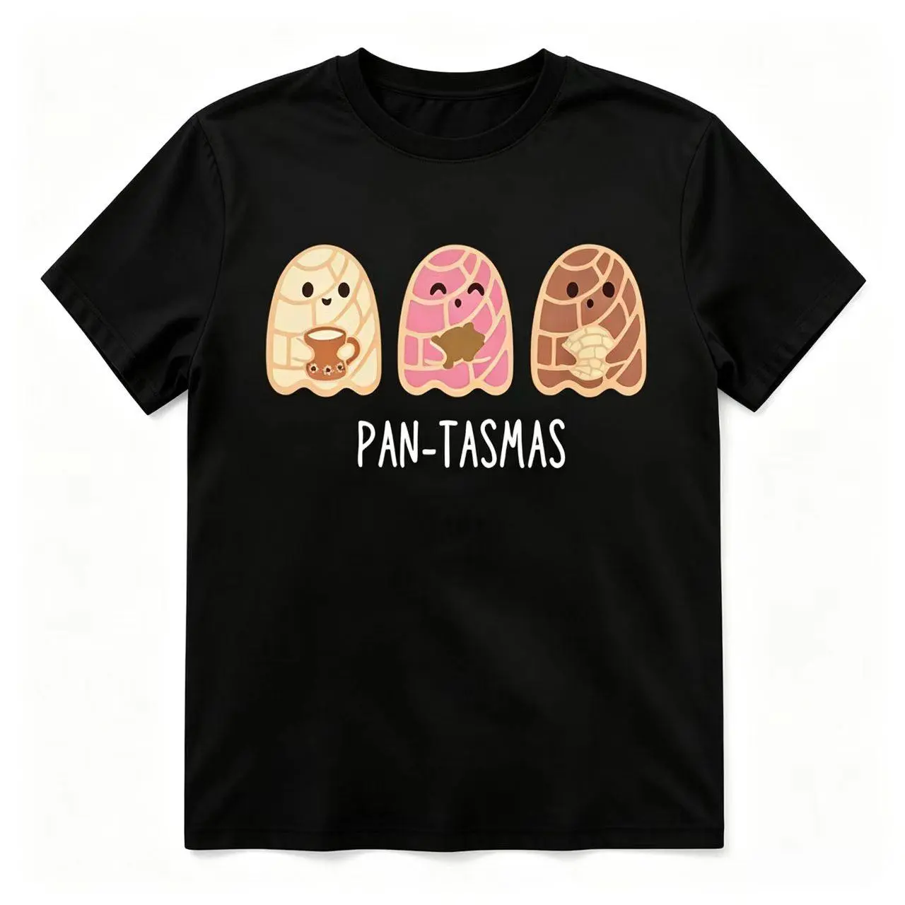 Casual Short-Sleeve Round Neck Pan-Tasmas Concha Ghost Mexican Pan Dulce Halloween Graphic T-Shirt, Cute Black Crew Neck Sports Top (No Box Included), Shortsleeve, Tshirt