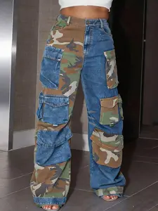 Women's Camo & Denim Patchwork Cargo Pants - High Waist Multi-Pockets & Loose Fit| Edgy Street Style For Casual Daily &  Outfits (Unique Patchwork & Durable) For Statement-Making Looks