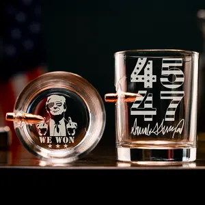Funny Trump We Won Bullet Whiskey Glass Bottom and Side, MAGA 11oz Rock Glass Gifts for Men Drinkware