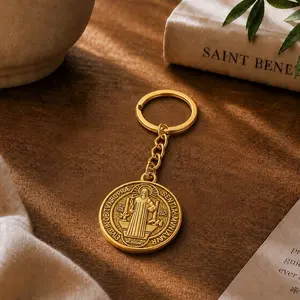 San Benito Medal Keychain - Stainless Steel Cross Pendant Religious Jewelry, Unisex Casual Simple Daily Everyday Accessory for Men-Women, Includes Keychain