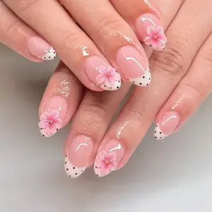 24pcs Y2K Short Oval French Nail Art Stickers, 3D Flowers & Dots, Gel Glue & File Included, Summer Manicure for Women & Girls