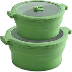 Collapsible Silicone Microwave Cookware Steamer for Cooking with Lids 0.8L and 1.4L Glass Food Storage Container Sealed Mixing Bowls 2pc Set BPA Free
