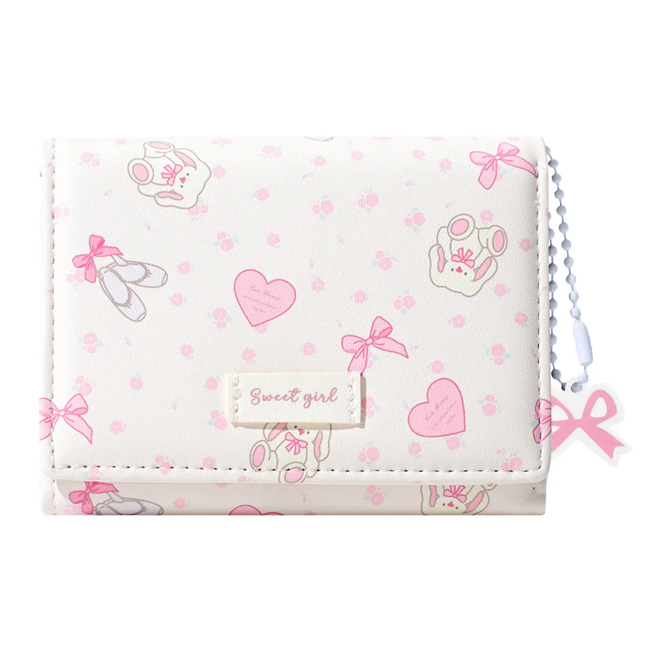 Women's Fashionable PU Leather Wallet, Coquette Animal-Themed Bunny Print Slim Bifold Card Holder with ID Window & Bow Charm, Animal-Themed Women's Wallets, Card Carrying Holder, Card Slot Wallet
