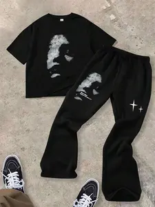 Trendy Boys' Two-Piece Clothing Set, Casual Y2K Hip-Hop Style Printed Round Neck Loose Fit Short Sleeve T-Shirt and Shorts, Spring Summer Wear