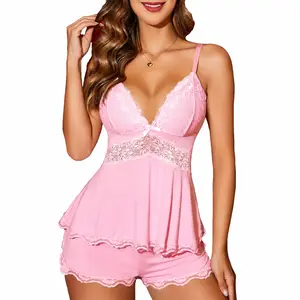 Tivira Women's Floral Lace Camisole Pajama Set for Women – Soft Modal Sleepwear with Adjustable Straps, Casual Drawstring Shorts