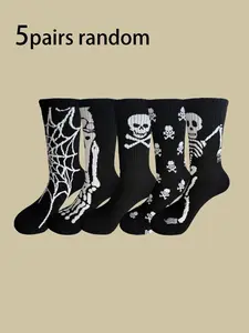 5 Pairs Unisex Halloween Crew Socks, Cool Skull Ghost Claw Knee High Socks, Soft Skin-Friendly, Perfect for Holiday Wear