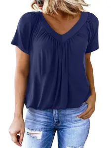 Women's Short Sleeve Casual Tops, Dressy V Neck T-Shirts, Loose Fit Summer Pleated Blouses, Comfortable and Stylish Clothing