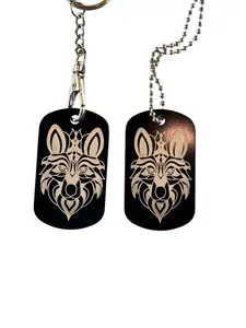 Tribal Wolf Dog Tag Necklace and Keychain Set, Black Metal with Gold Design, Ball Chain and Key Ring Included