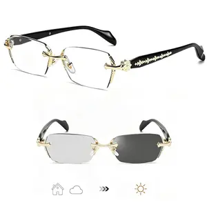 Vintage Frameless Photochromic Sunglasses, Unisex Square Eyewear with Diamond-Cut Edges & Lion Accent, Blue Light Blocking UV Protection for Daily Wear, Color Changing Sunglasses, Photochromic Fashion Glasses