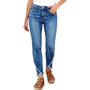 Flamingals Wash Raw Hem Asymmetrical High Waist Skinny Jeans Womenswear Stretchy 26.4" Inseam