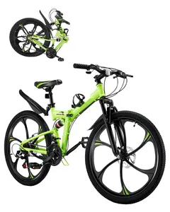 26 Inch Folding Mountain Bike 21 Speed Full Suspension with Dual Disc Brakes, Aluminum Alloy Frame, Lightweight Foldable Design, Front Suspension Fork, All Terrain MTB Bicycle for Trail Riding, Commuting and Outdoor Adventures