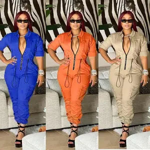 2025 Plus Size Women’s Summer Casual Fashion Multi-Pocket Workwear Waist Jumpsuit Cardigan Trousers