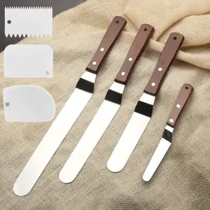 4 Pack Offset Spatula, Stainless Steel Cake Icing Spatula Set 4” 6” 8” 10” with Wooden Handle and 3 Packs Cake Smoother Scraper Set for Cake Decorating, Baking (Angled)