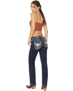 Miss Me Women's Dark Wash Mid Rise Steerhead Pocket 32" Bootcut Stretch - M9567bv