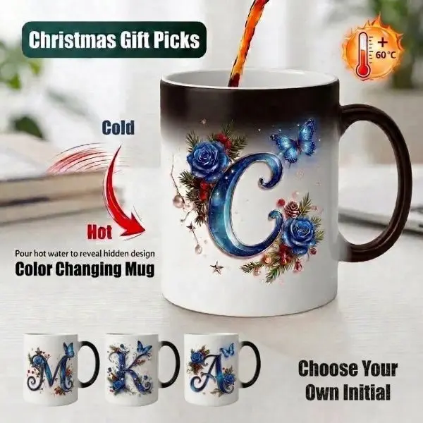 Ceramic Color-Changing Custom Initial Letter Coffee Tea Cup, Personalized Christmas Gift for Loved Ones (Girlfriend, Wife) - Home & Festive Party Supplies Drinkware