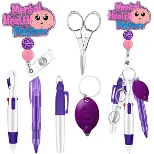 Nurse Badge Work Set, 6counts/set Cute Nurse Badge Clip, Retractable Ballpoint Pen, Folding Scissors, LED Flashlight, Stationery Supplies for Office School, Nursing Students