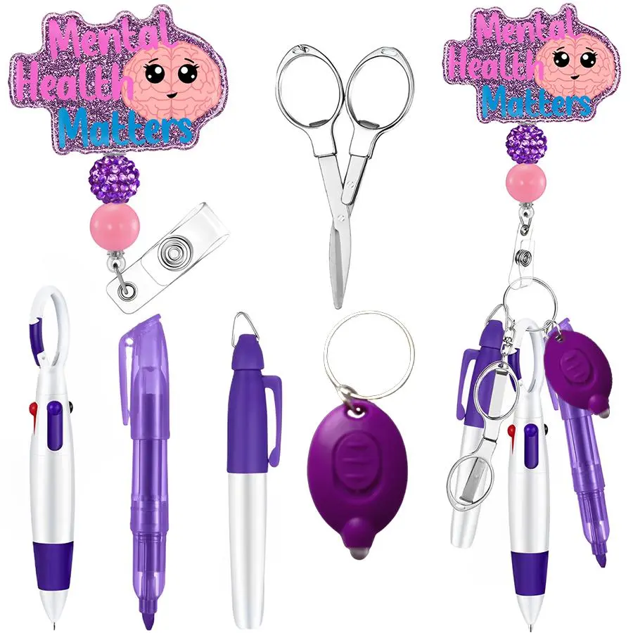 Nurse Badge Work Set, 6counts/set Cute Nurse Badge Clip, id badge clip, Retractable Ballpoint Pen, Folding Scissors, LED Flashlight, Stationery Supplies for Office School, Nursing Students